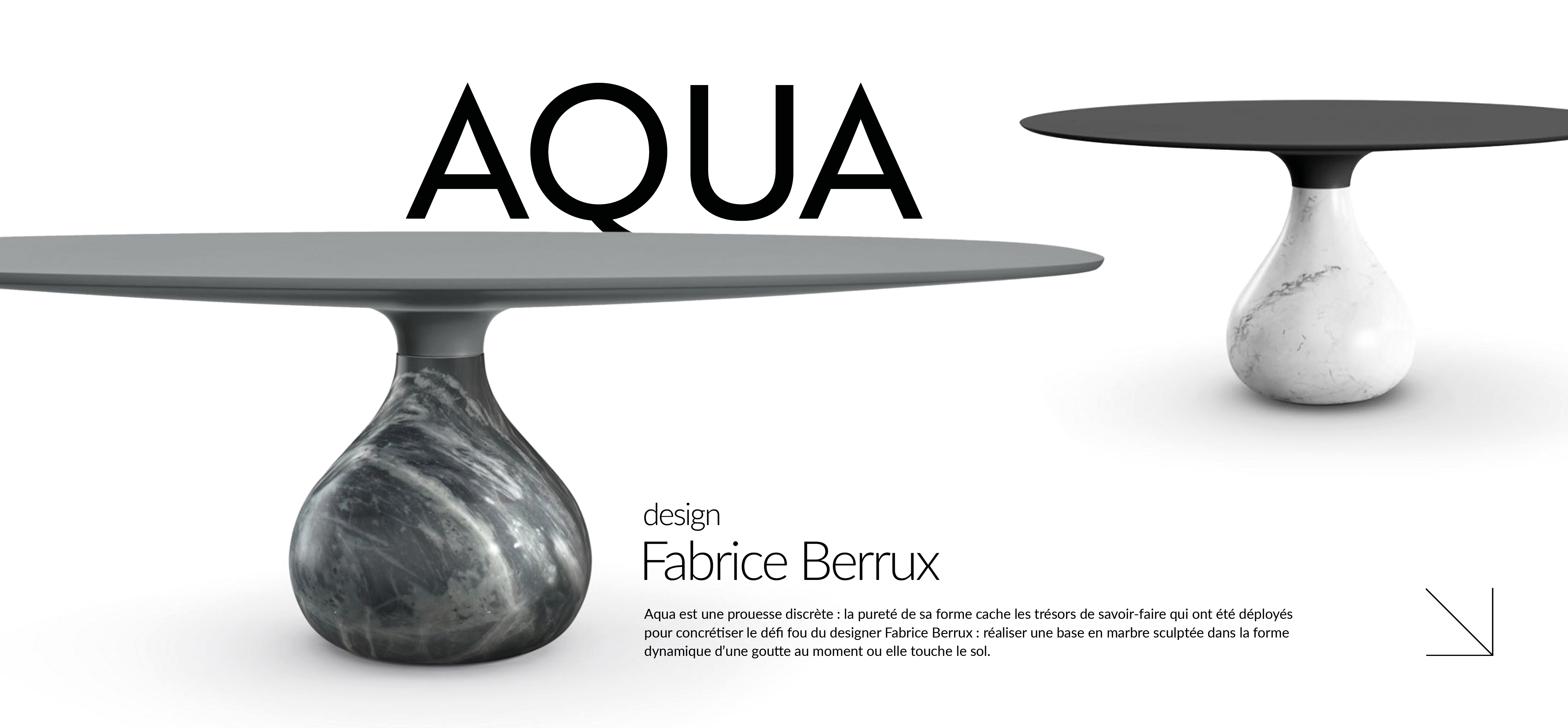 Aqua est une prouesse discr&egrave;te : la puret&eacute; de sa forme cache les tr&eacute;sors de savoir-faire qui ont &eacute;t&eacute; d&eacute;ploy&eacute;s pour concr&eacute;tiser le d&eacute;fi fou du designer Fabrice Berrux : r&eacute;aliser une base en marbre sculpt&eacute;e dans la forme dynamique d&rsquo;une goutte au moment ou elle touche le sol.